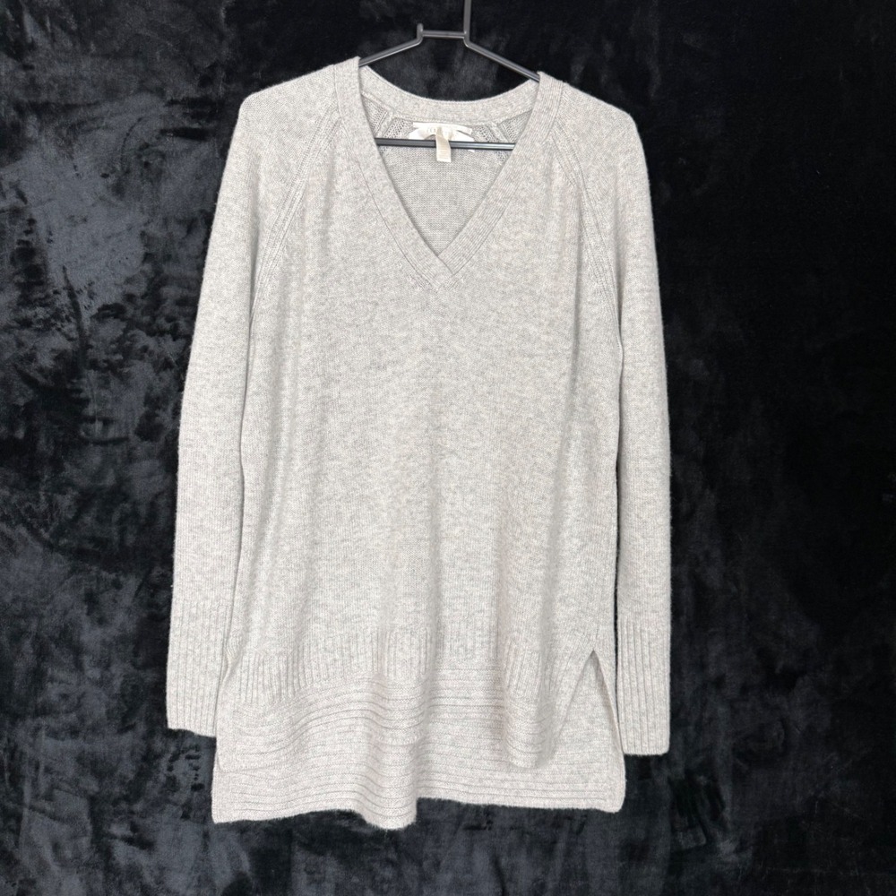 Nordstrom Collection 100% Cashmere V-Neck Tunic Sweater Gray Large Raglan Sleeve